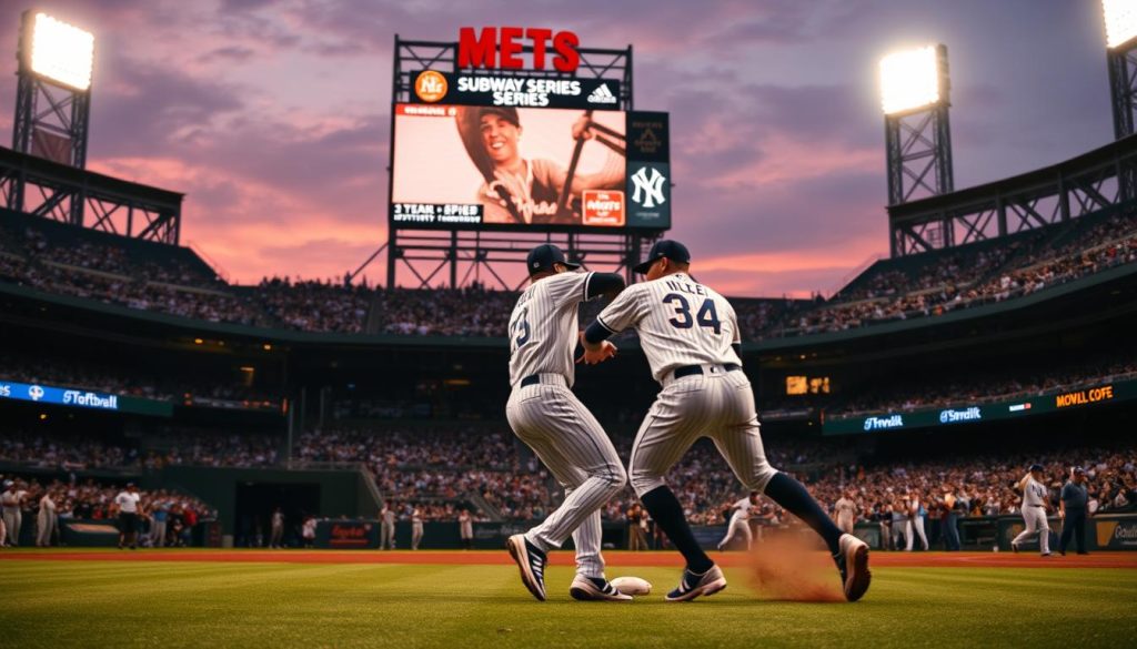A baseball stadium at dusk, the towering scoreboard illuminating the intense rivalry between the Yankees and Mets. In the foreground, two players clash on the field, their uniforms a blur of motion as they compete for the ball. The crowd roars, their faces alight with excitement, capturing the electric atmosphere of the Subway Series. The background is a panoramic view of the stadium, the bright lights casting long shadows across the infield, creating a dramatic, cinematic effect. Telephoto lens captures the drama up close, freezing the action in a single, decisive moment that epitomizes the passion and intensity of this classic New York baseball showdown.