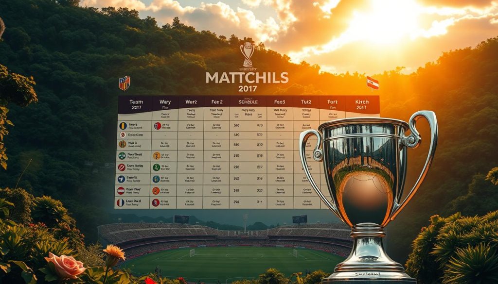 A detailed match schedule layout against a lush, verdant backdrop, illuminated by warm, golden sunlight streaming through clouds. A large, central schedule grid with team names, match dates, and kickoff times displayed prominently. Surrounding the schedule, intricate stadium illustrations with architectural details, fluttering flags, and vibrant team colors. In the foreground, a polished, metallic trophy reflecting the scene, symbolizing the high-stakes clash of champions. The overall composition radiates a sense of anticipation and grandeur befitting the momentous occasion.