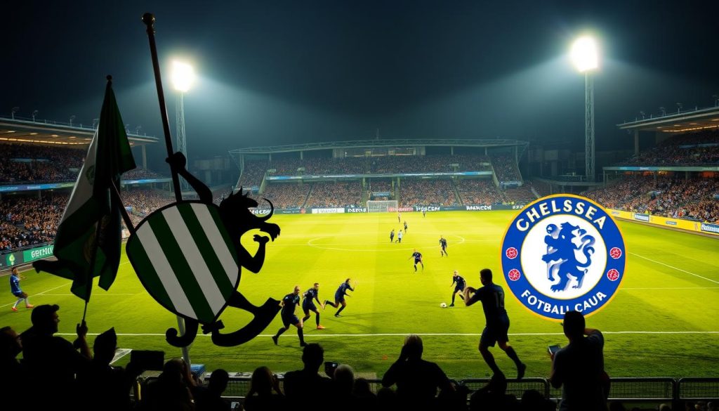 A dimly lit stadium, its floodlights casting dramatic shadows on the pitch. In the foreground, two towering figures - the crests of Palmeiras and Chelsea, their flags unfurled and banners rippling in the cool evening breeze. The players, silhouetted against the vibrant green grass, engage in a fierce battle, their movements a blur of skill and determination. In the background, the stands are filled with passionate fans, their faces alight with anticipation, their chants echoing through the air. The scene is one of intense rivalry, a clash of continental champions, a clash of titans, where the outcome hangs in the balance, uncertain and thrilling.