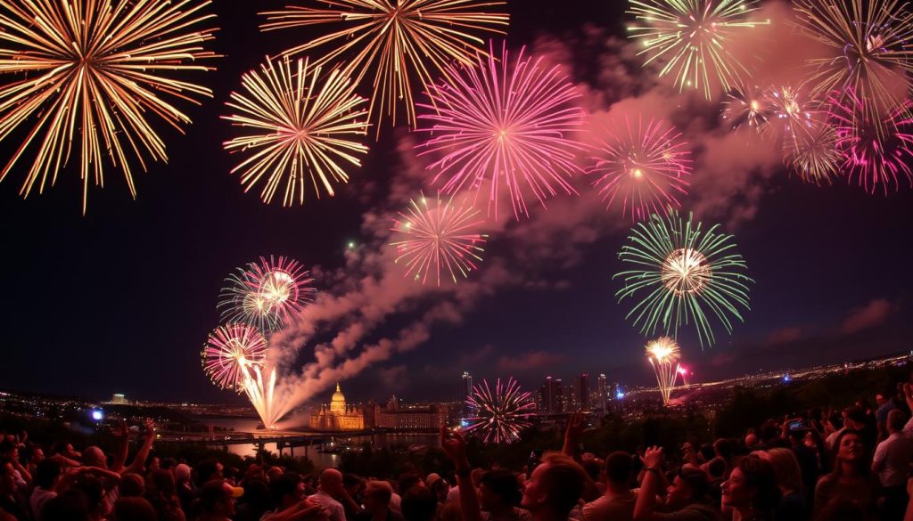 A stunning display of pyrotechnics illuminates the night sky, bursting with vibrant colors and mesmerizing patterns. In the foreground, a lively crowd gathers, their faces aglow with wonder and delight. The middle ground features a cityscape, its landmarks and architecture silhouetted against the vibrant explosions above. In the background, a deep, inky blue canvas is painted with streaks of gold, crimson, and emerald, creating a captivating symphony of light and sound. The scene is captured with a wide-angle lens, allowing the viewer to fully immerse themselves in the magic of the Independence Day celebrations.