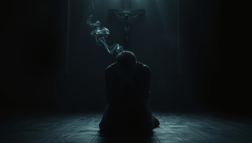 Sinners characteristics: a somber, introspective scene depicting the inner turmoil of the human condition. A lone figure, shrouded in shadow, kneels in a dimly lit room, their face obscured by their hands. Wisps of smoke curl upwards, hinting at the smoldering guilt and regret consuming them from within. The atmosphere is heavy, the lighting somber and chiaroscuro, evoking a sense of penitence and the weight of unresolved transgressions. In the background, a tattered crucifix hangs, a reminder of the spiritual crisis at the heart of the sinner's struggle. The composition is balanced, the figure central, drawing the viewer into their private moment of reckoning. An image that captures the complexity and humanity of the sinner, beyond the simplistic stereotypes.