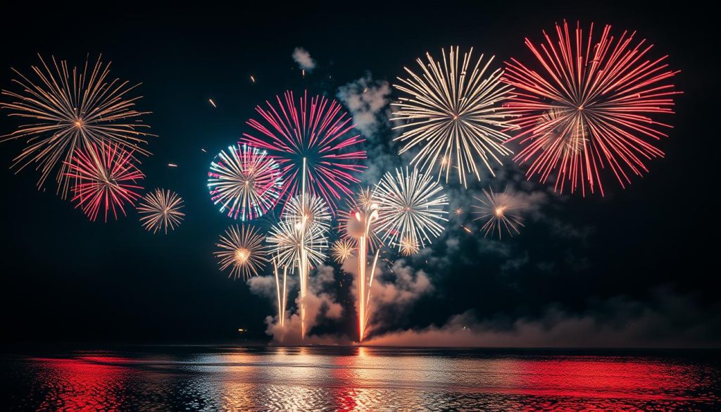 Vibrant 4th of July fireworks display in the night sky, with bursts of red, white, and blue sparks illuminating the darkness. Diverse assortment of fireworks, including large aerial shells, choreographed to create a mesmerizing, dynamic animation. Smoke trails and reflections on a calm lake in the foreground, creating a sense of depth and movement. Warm lighting with a slight golden hue, capturing the festive atmosphere. Camera angle slightly elevated, providing a panoramic view of the celebratory scene. Cinematic composition and fluid, captivating motion to showcase the joy and excitement of the 4th of July holiday.